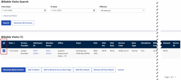 In the Billable Visits table, a billable visit is selected using the corresponding checkbox to be processed.